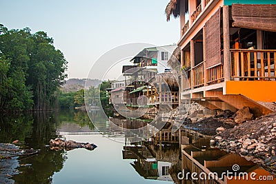 Wooden houses built over a salty lagoon at Playa el Tunco, El Sa Stock Photo