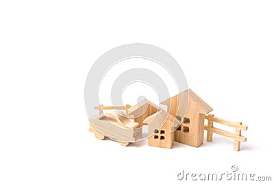 Wooden houses and car on a white background. The concept of possessions, buildings. Purchase and sale of real estate, investment. Stock Photo