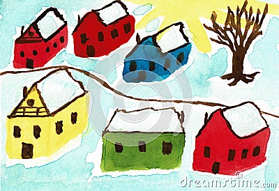 Wooden Houses in Norway in Winter Time Vector Illustration