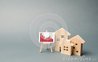 Wooden houses with a stand of graphics and information. concept of real estate value decrease. low liquidity and attractiveness. Stock Photo