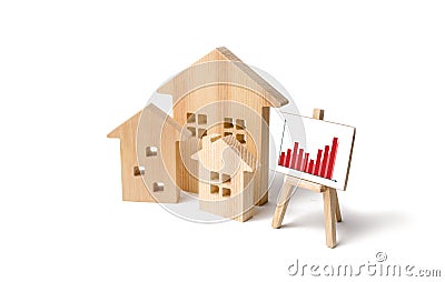 Wooden houses with a stand of graphics and information. Growing demand for housing and real estate. growth of the city Stock Photo