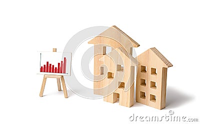 Wooden houses with a stand of graphics and information. Growing demand for housing and real estate. Statistics on the state Stock Photo