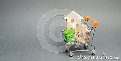 Wooden houses in a Supermarket trolley. The concept of buying a house or apartment. Affordable housing. Profitable and cheap loans Stock Photo