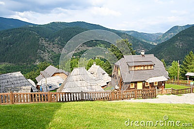 Wooden houses in village kusturicas drvengrad, serbia. Stock Photo