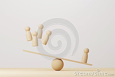 Wooden human compared balancing on wood scale seesaw Cartoon Illustration