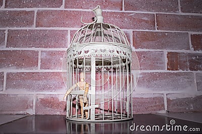 Wooden Human Manikin locked inside a white ornamental bird cage Stock Photo