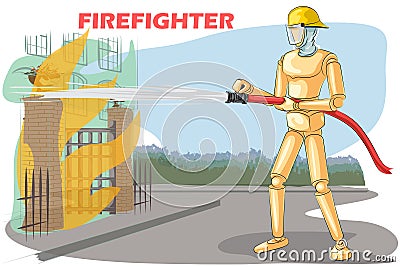 Wooden human mannequin Firefighter Vector Illustration