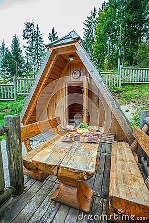 Wooden hut at Hija Glamping Lake Bloke, Nova Vas in Slovenia Stock Photo