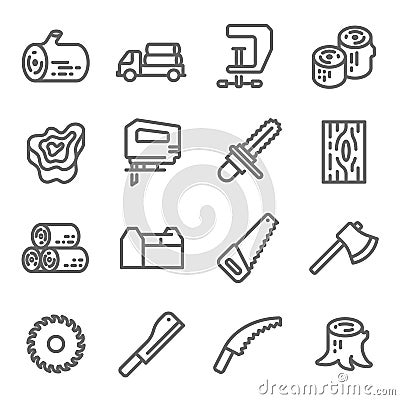 Wooden Icon Set. Contains such Icons as Chainsaw, Log, Axe and more. Expanded Stroke Vector Illustration