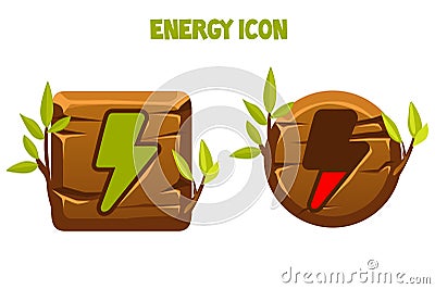 Wooden icons and buttons of lightning energy. Vector Illustration