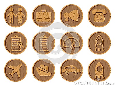 Wooden icons 3D on a round wooden background. Part six Cartoon Illustration