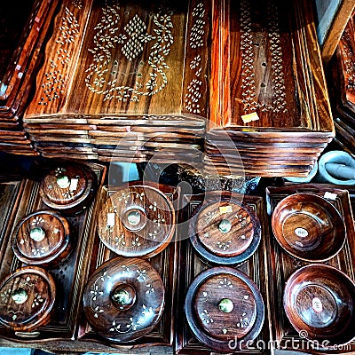 Wooden items sold in Lakkar Bazar Shimla India Stock Photo