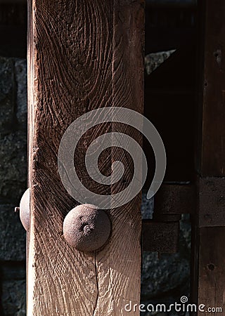 Wooden Japanese detail of a door with bolt and nut background Stock Photo