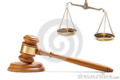 Wooden judge gavel hammer and Justice law judge brass balance scales isolated on white background Stock Photo