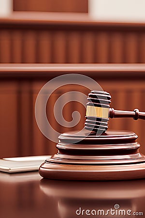 Wooden judges gavel on the desk. Generative Artificial Intelligence Stock Photo
