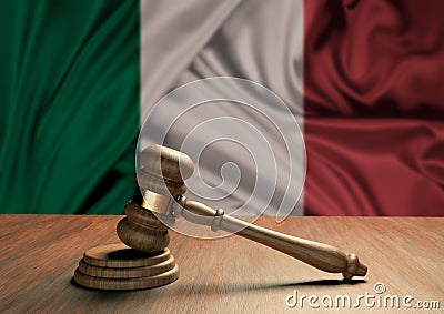 Wooden judge`s gavel Symbol of law and justice with the flag of Italy. Italian judicial system Stock Photo