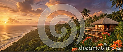 A wooden jungle house with a beautiful ocean view, with the sun setting into the horizon of the ocean Stock Photo