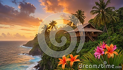 A wooden jungle house with a beautiful ocean view, with the sun setting into the horizon of the ocean Stock Photo