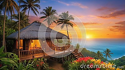 A wooden jungle house with a beautiful ocean view, with the sun setting into the horizon of the ocean Stock Photo