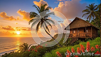 A wooden jungle house with a beautiful ocean view, with the sun setting into the horizon of the ocean Stock Photo