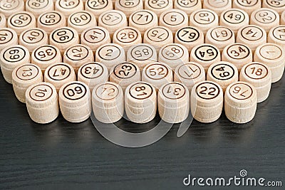 Wooden kegs on a black background. Top view Stock Photo