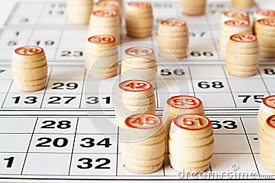 Wooden kegs and cards for lotto or bingo game Stock Photo