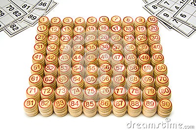 Wooden kegs and cards for lotto or bingo game Stock Photo