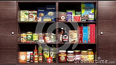 Wooden kitchen cabinet full of food Stock Photo
