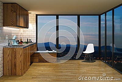 Wooden kitchen furniture in modern interior. Evening view from b Stock Photo