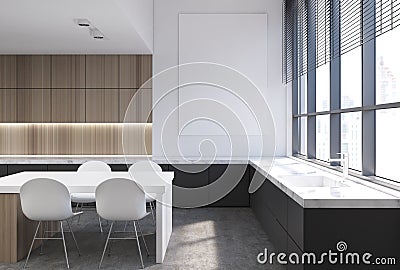 Wooden kitchen interior, marble countertop Stock Photo