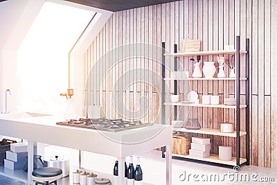 Wooden kitchen interior, side, toned Stock Photo