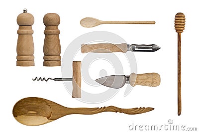 Wooden kitchenware isolated on white background. Spoons, corkscrew, knives, salt shaker and pepper Stock Photo