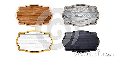 Wooden label collection Isolated On White Background. Set of sign boards with various wood texture. Oval shapes wooden Frame, Stock Photo