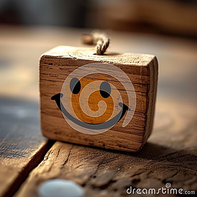 Wooden label with smiley face positive feedback, mental health day Stock Photo