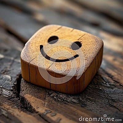 Wooden label with smiley face positive feedback, mental health day Stock Photo
