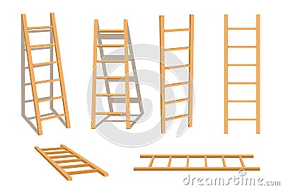 Wooden ladder household tool isolated set stepladder with shadow vector illustration Vector Illustration