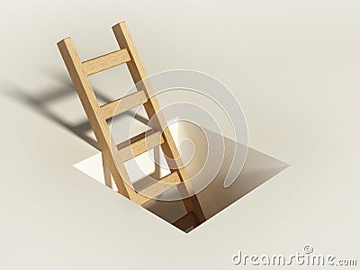 Wooden ladder rising above the square hole on the ground Stock Photo