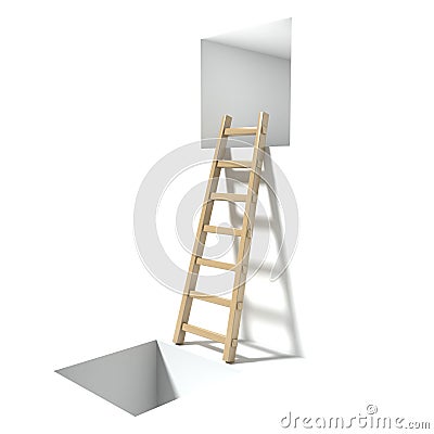 Wooden ladder, window and hole. Abstract hopelessness concept. 3D render Cartoon Illustration