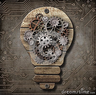 Wooden lamp with cogs and gears. Idea and invention concept. Stock Photo