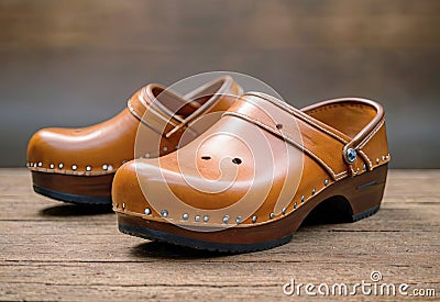 Wooden leather brown clogs isolated on rustic wood floor - ladies shoes Stock Photo