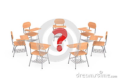 Wooden Lecture School or College Desk Table with Chairs Around Red Question Mark. 3d Rendering Stock Photo
