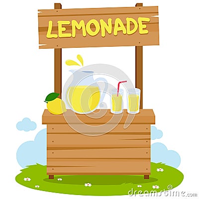 Wooden lemonade stand and lemon juice. Vector illustration Vector Illustration