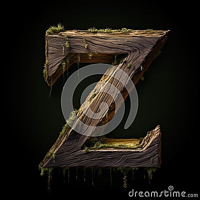 Wooden letter Z. Wood font made of sticks, bark and wood. Forest typographic symbol. Stock Photo