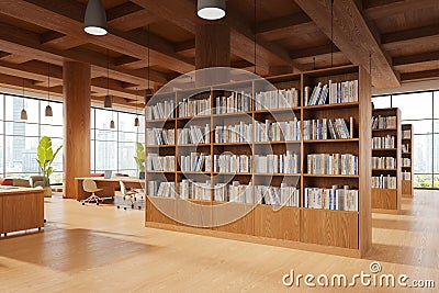 Wooden library interior with work and chill place, shelf and panoramic window Stock Photo