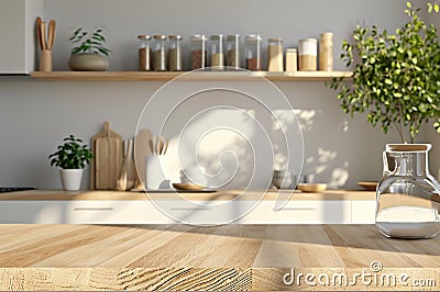 Wooden light empty countertop in Scandinavian minimalist style, flooded natural light, kitchen backsplash in interior Stock Photo