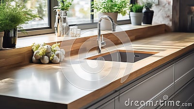 Wooden light empty worktop in a modern kitchen with a faucet sink, with a view from the window Stock Photo