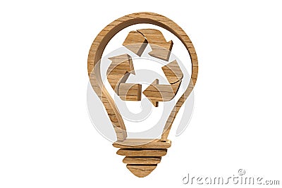 Wooden Lightbulb with Recycle Arrow Sign on white background Stock Photo