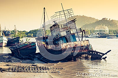 Wooden local fisher boat. Phuket island. Thailand Editorial Stock Photo