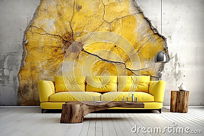 Wooden log coffee table near yellow sofa against grunge aged concrete cracked wall. Loft interior design of modern living room. Stock Photo