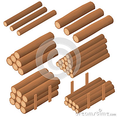 Wooden logs in the isometric. Brown bark of felled dry wood. Vector Illustration